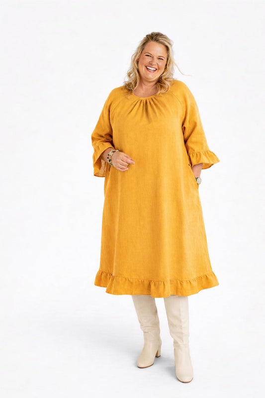 Marie Leinenkleid Gelb, schmale Rüsche an der Manschette