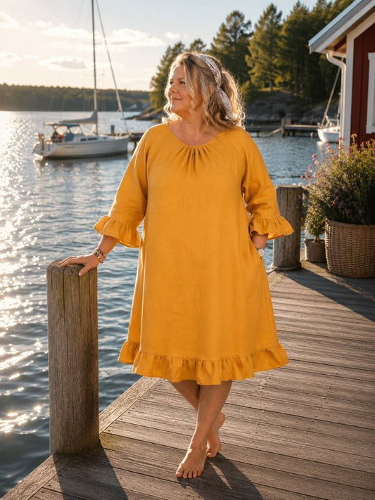 Marie Leinenkleid Gelb, schmale Rüsche an der Manschette